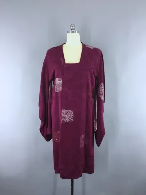 1960s Vintage Silk Michiyuki Kimono Jacket Coat with Maroon Urushi Embroidery