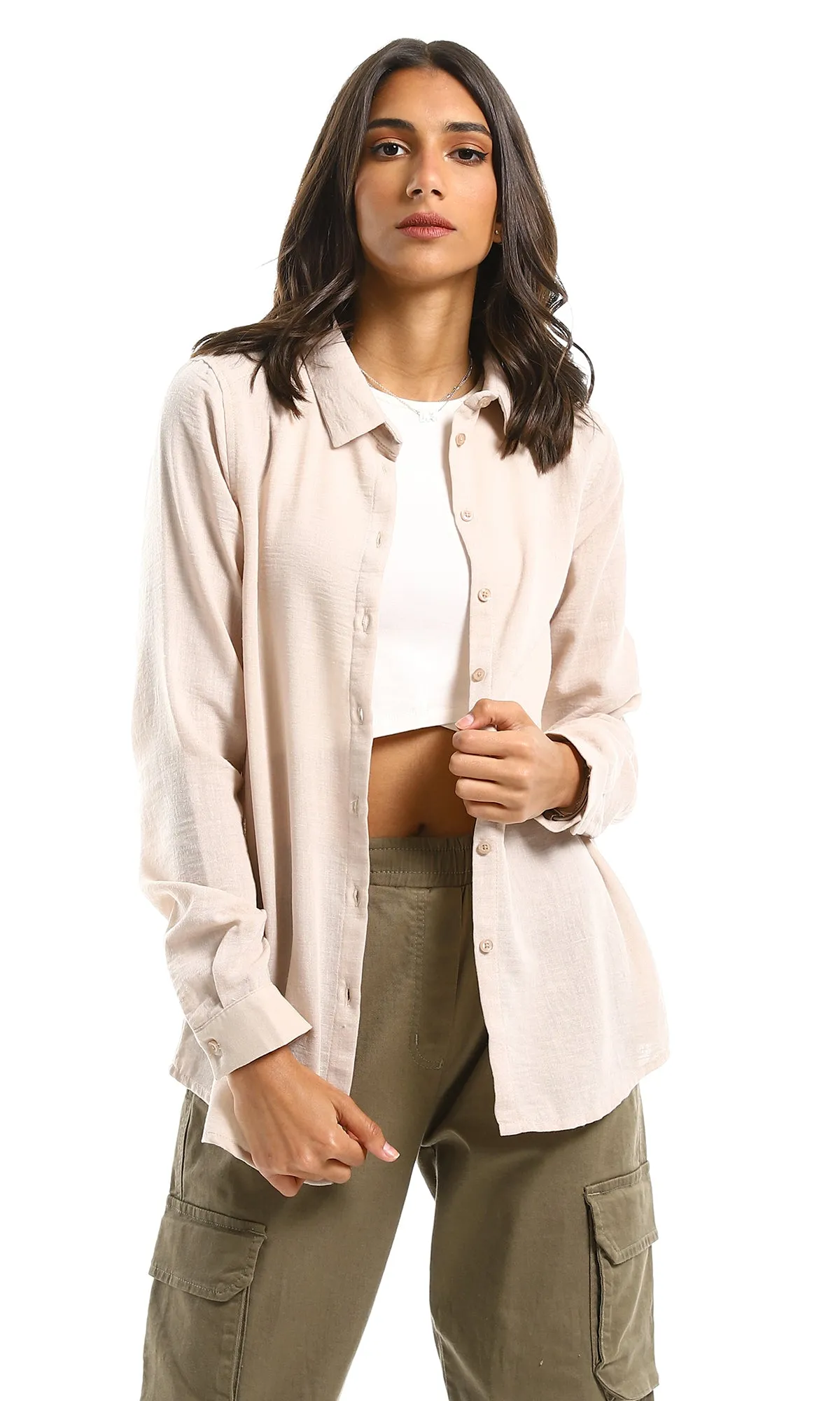 98214 Classic Collar Full Buttoned Beige Shirt