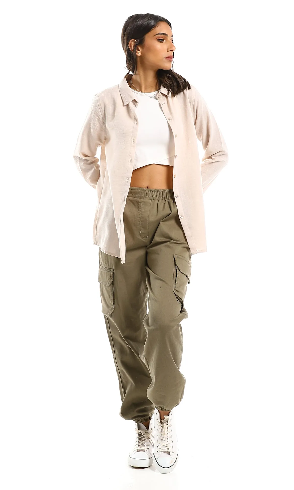 98214 Classic Collar Full Buttoned Beige Shirt