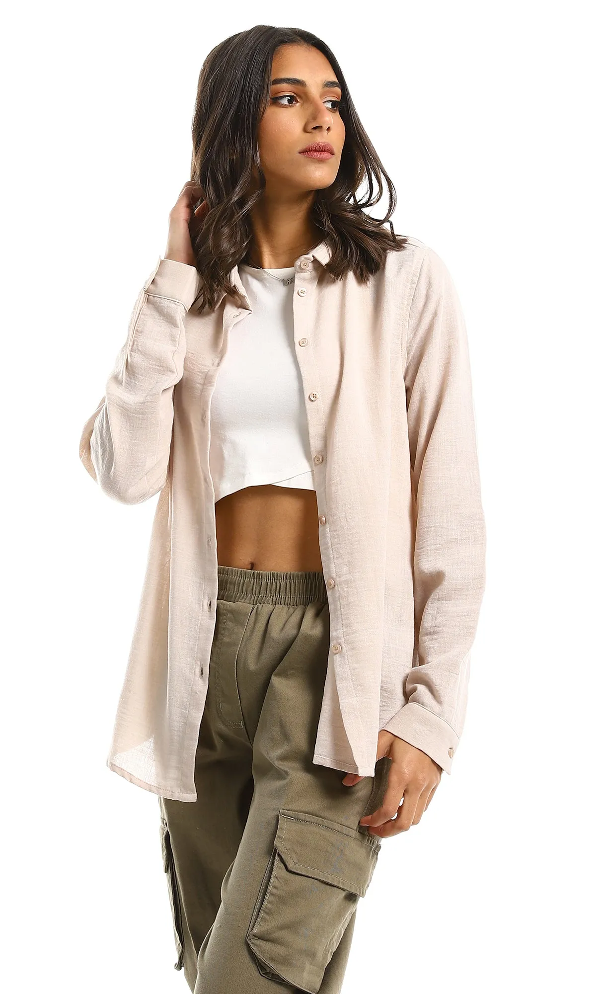 98214 Classic Collar Full Buttoned Beige Shirt
