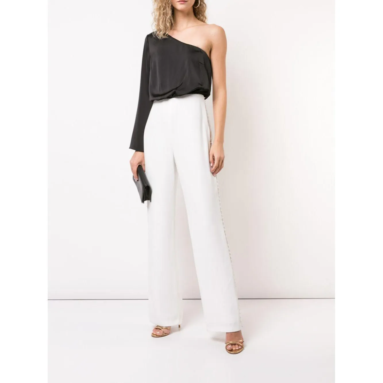 Aidan Mattox Asymmetric Long Sleeve Jumpsuit - Black Ivory