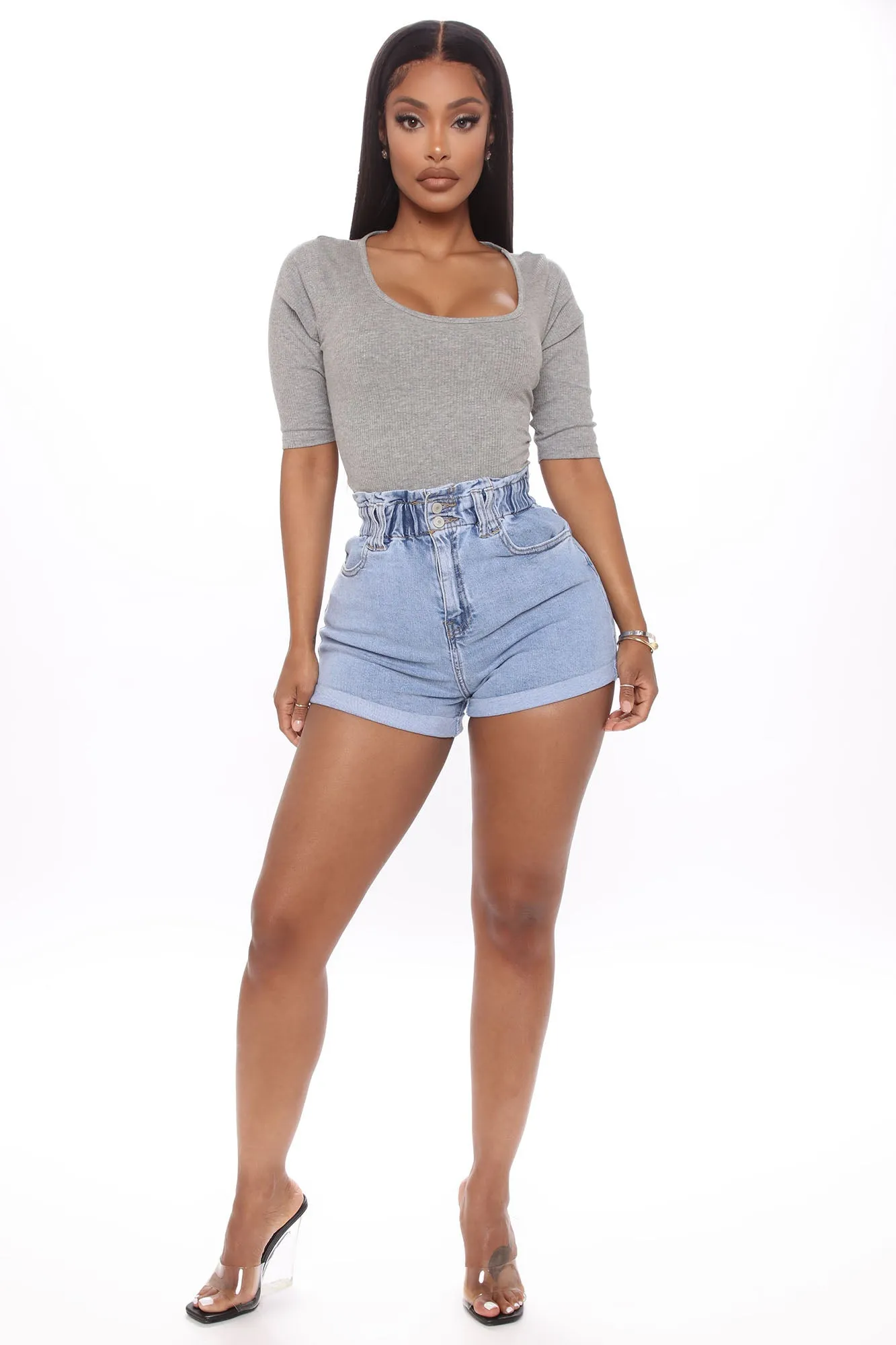 Alana Paperbag Waist Denim Shorts - Light Blue Wash