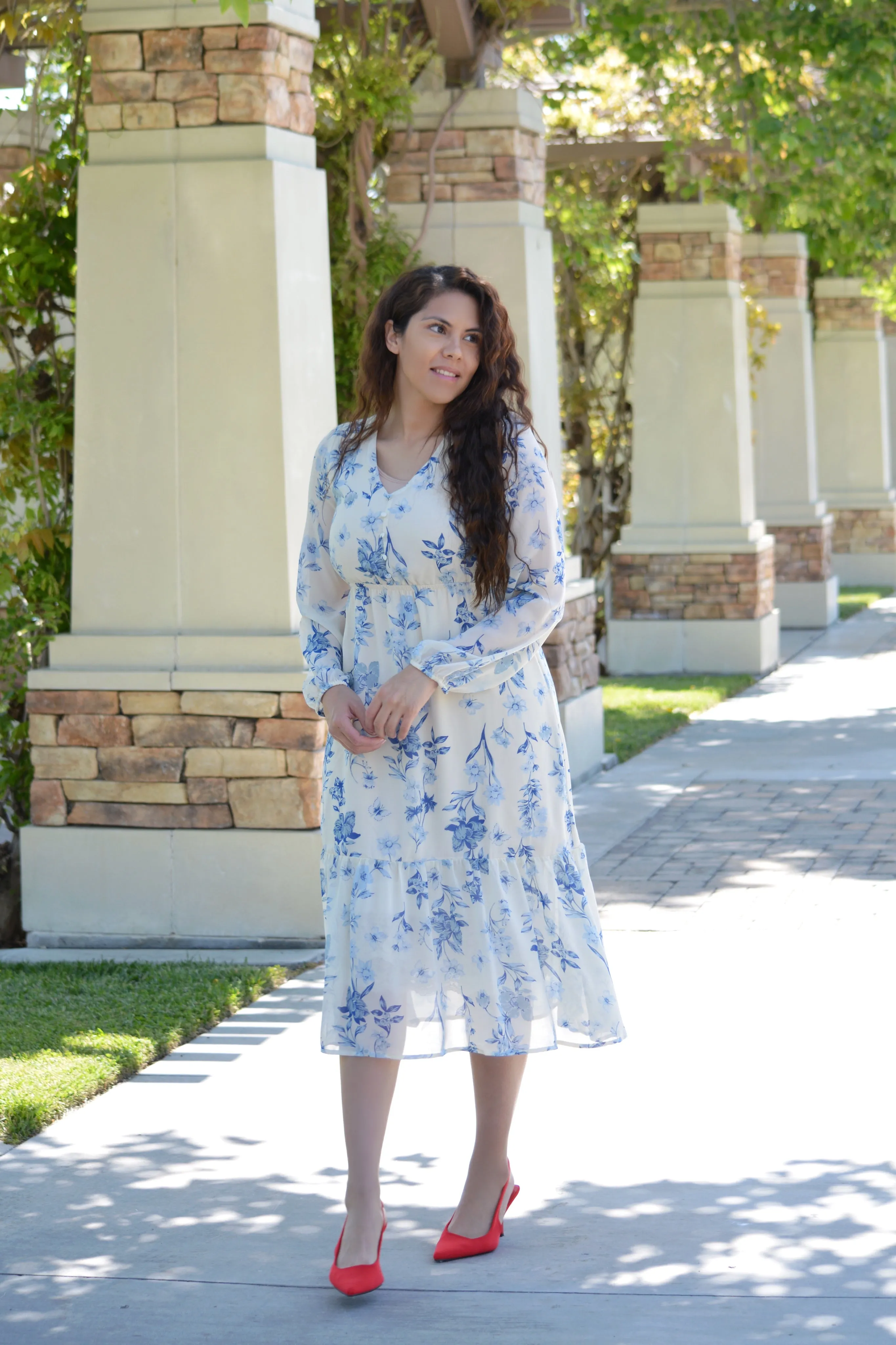 Avri Blue Floral Ivory Midi Dress