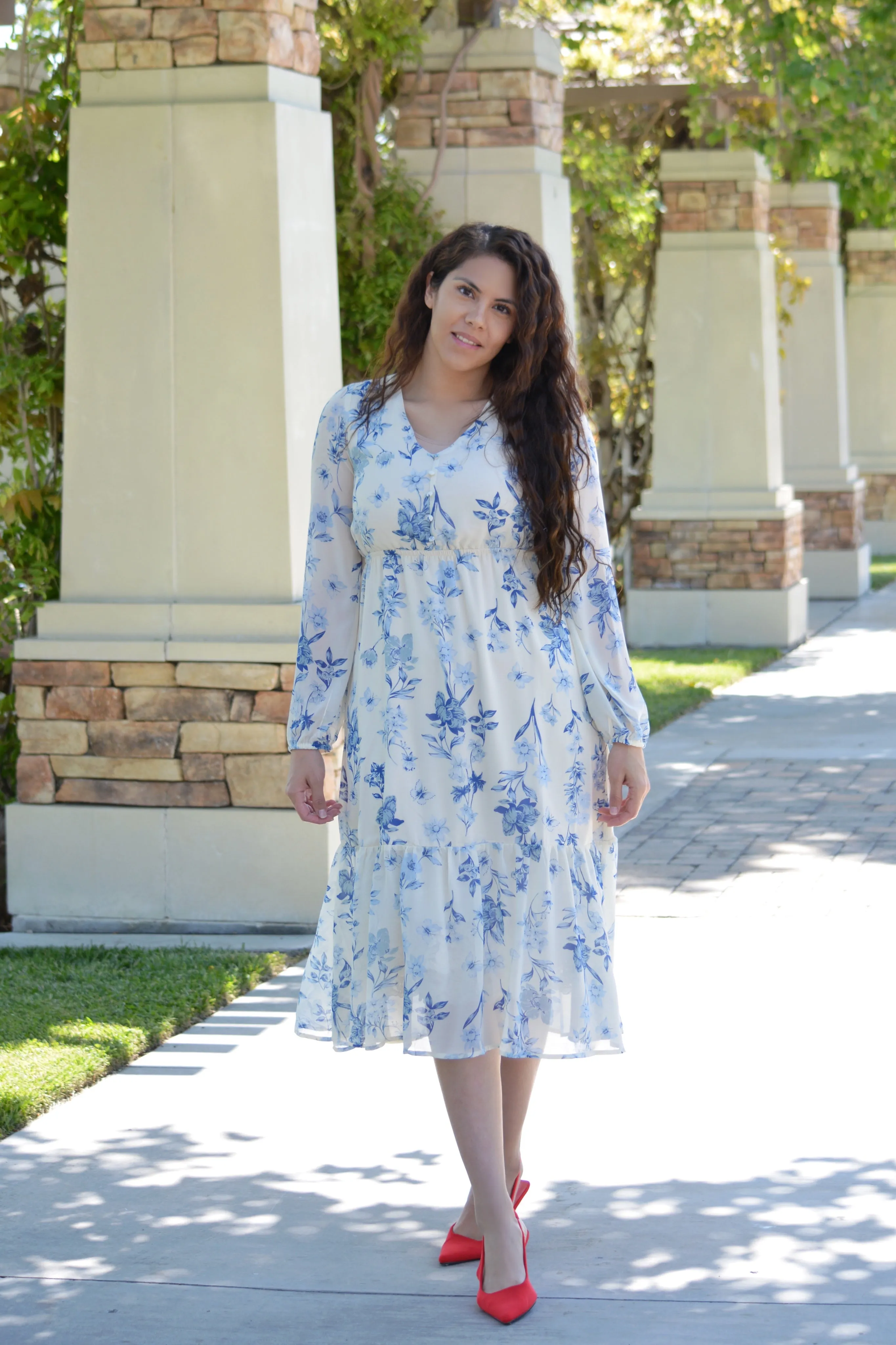 Avri Blue Floral Ivory Midi Dress