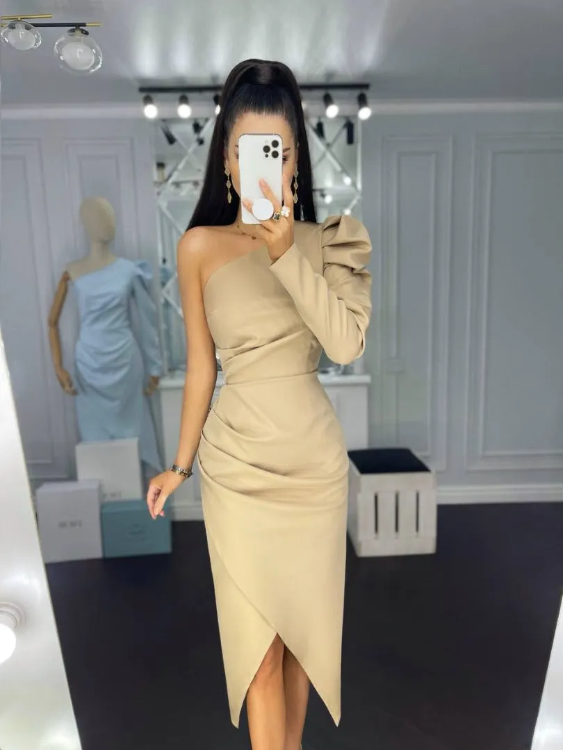 Beige One-Shoulder Tulip Midi Dress