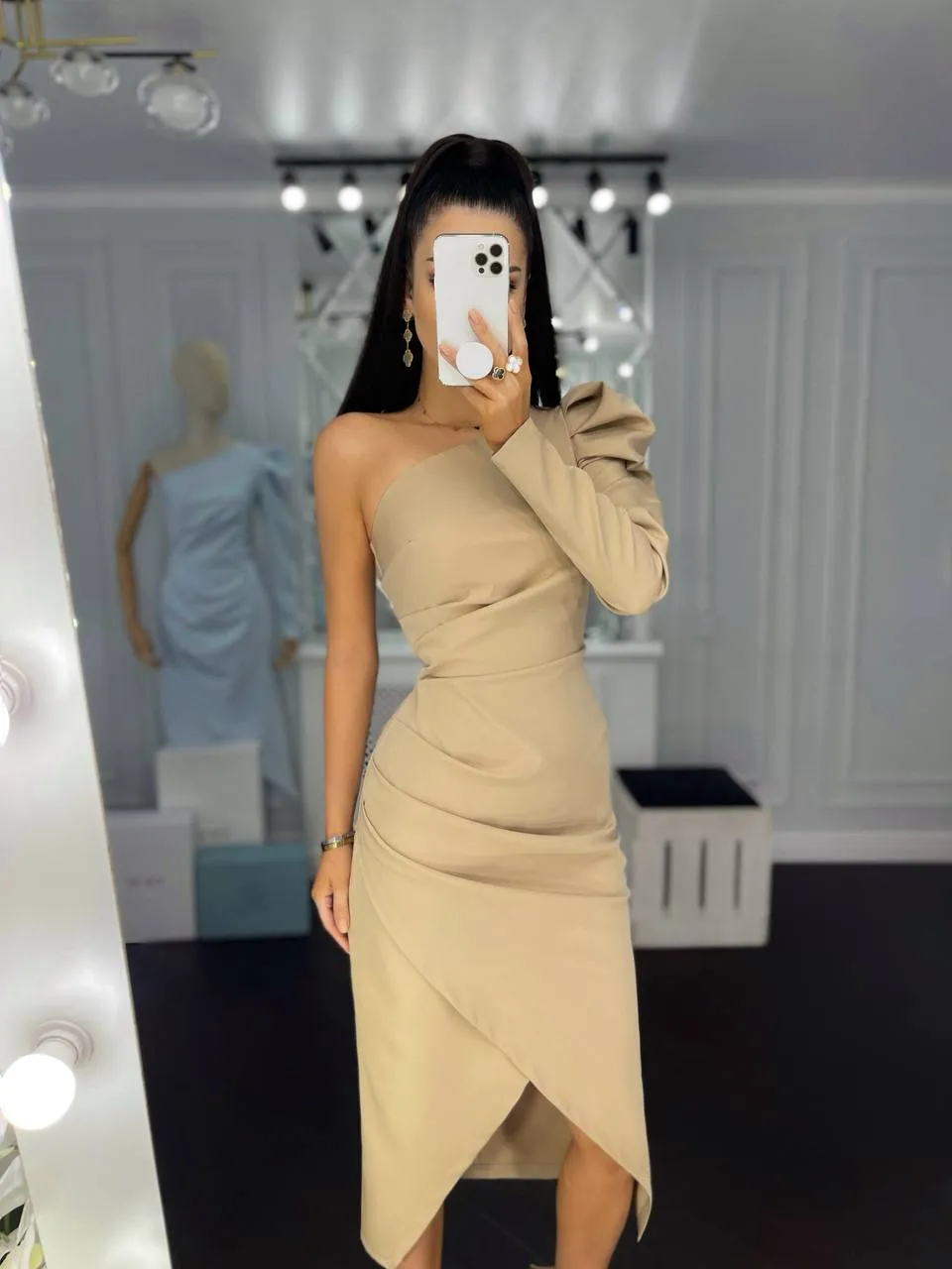 Beige One-Shoulder Tulip Midi Dress