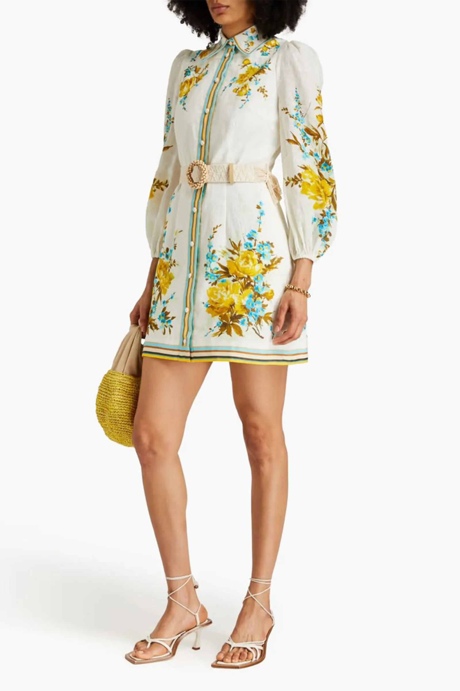 Belted Floral-print Linen Mini Shirt Dress