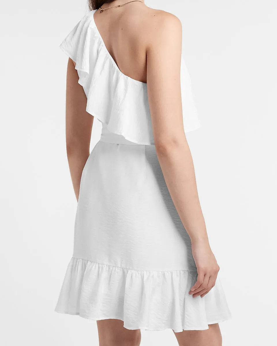 Belted One Shoulder Ruffle Dress in White
