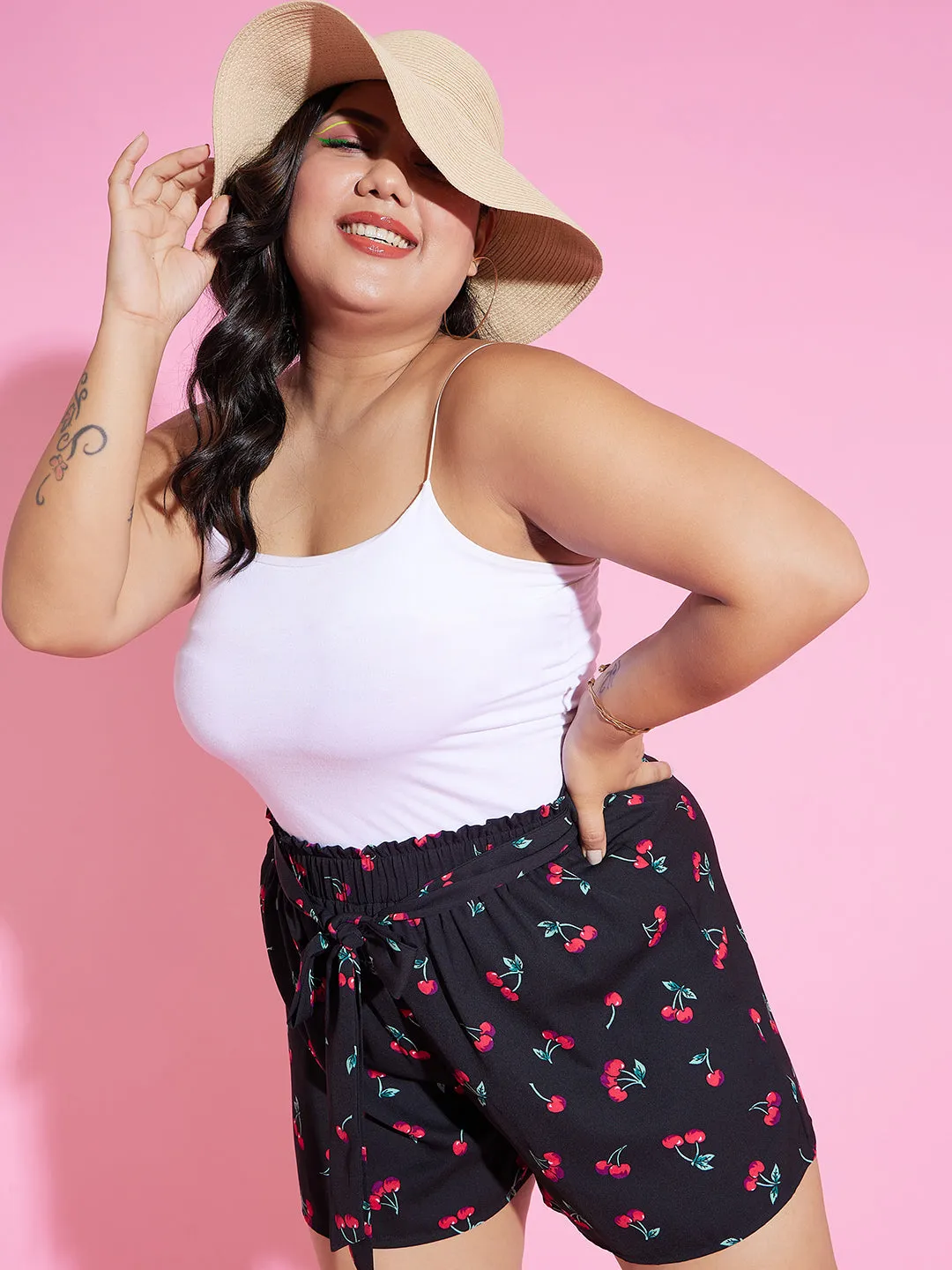 Berrylush Women Plus Size Black & Red Cherry Printed Front Tie-Up High-Rise Paperbag Waist Crepe Pleated Mini Shorts