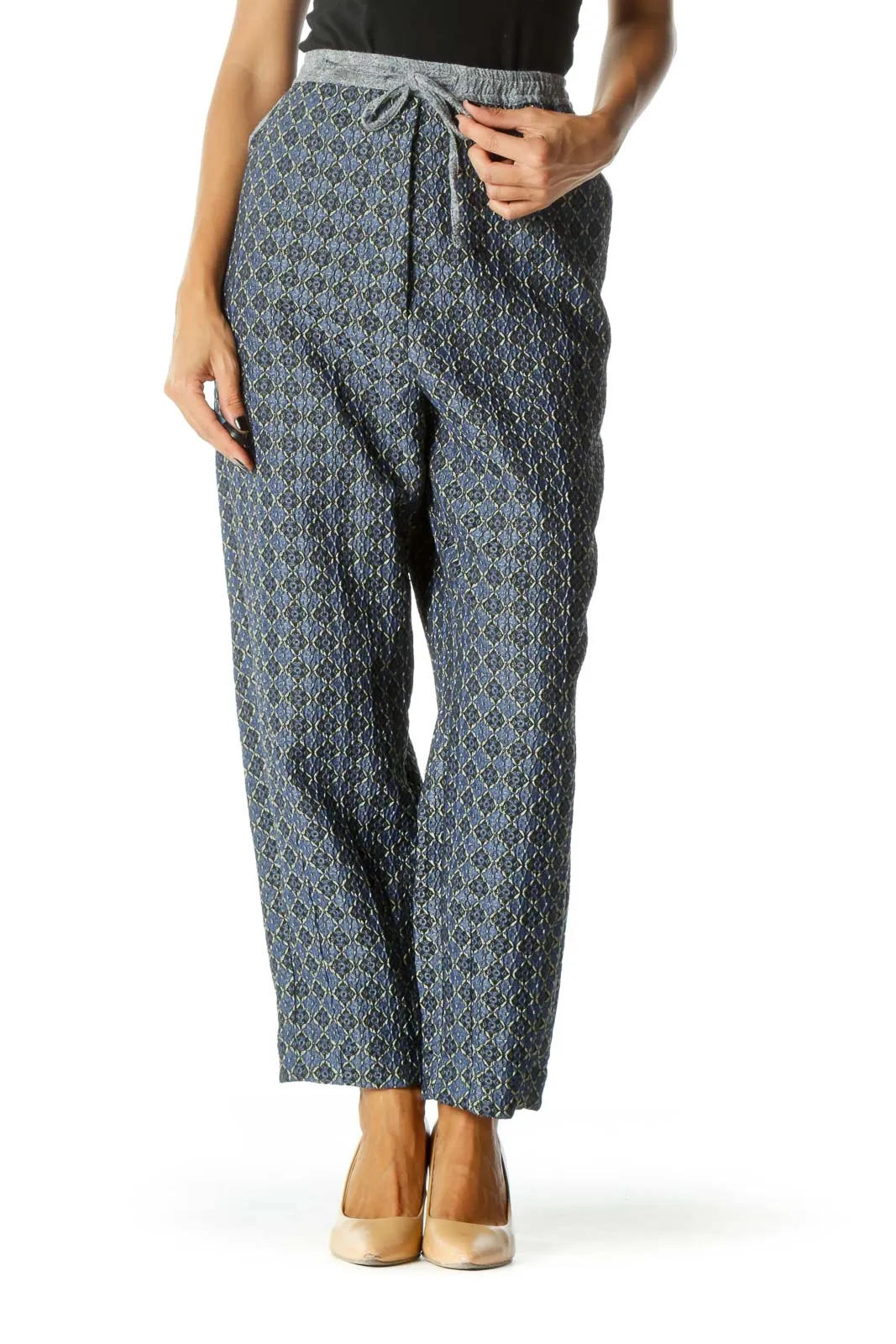 Blue Patterned Wide-Leg Drawstring Pants