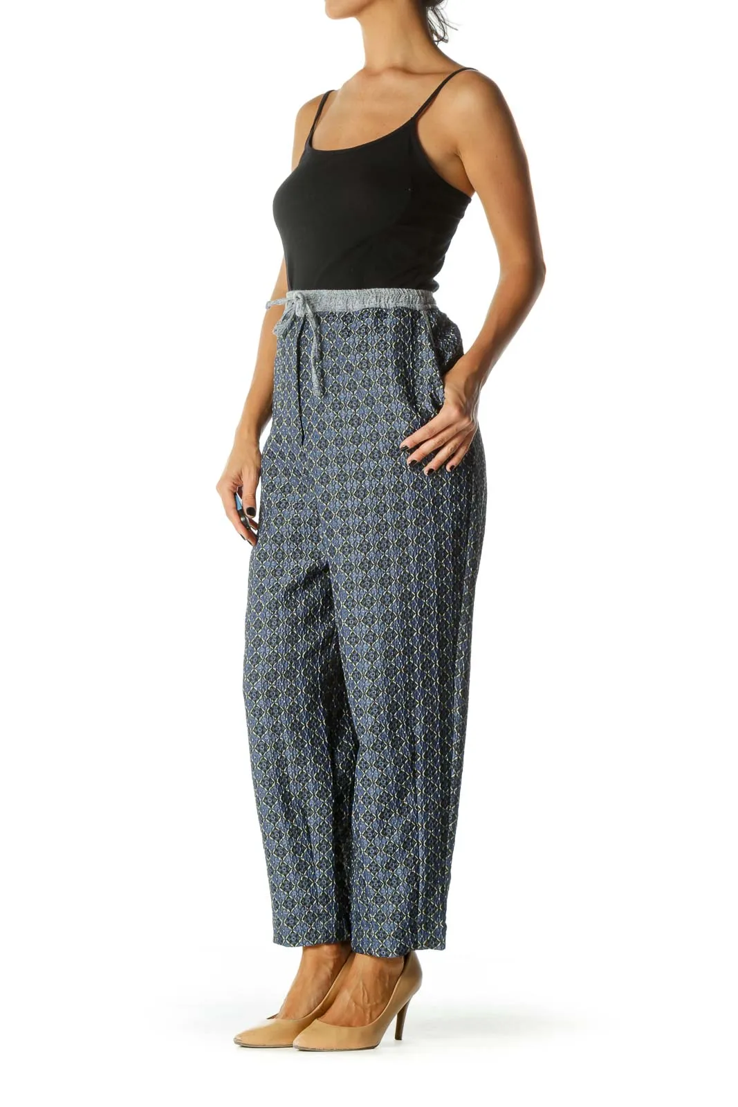 Blue Patterned Wide-Leg Drawstring Pants