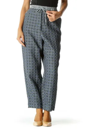 Blue Patterned Wide-Leg Drawstring Pants