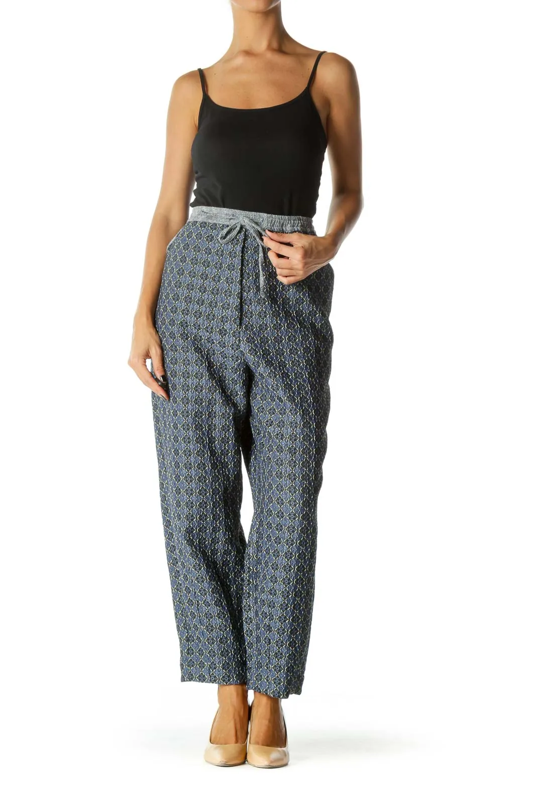 Blue Patterned Wide-Leg Drawstring Pants