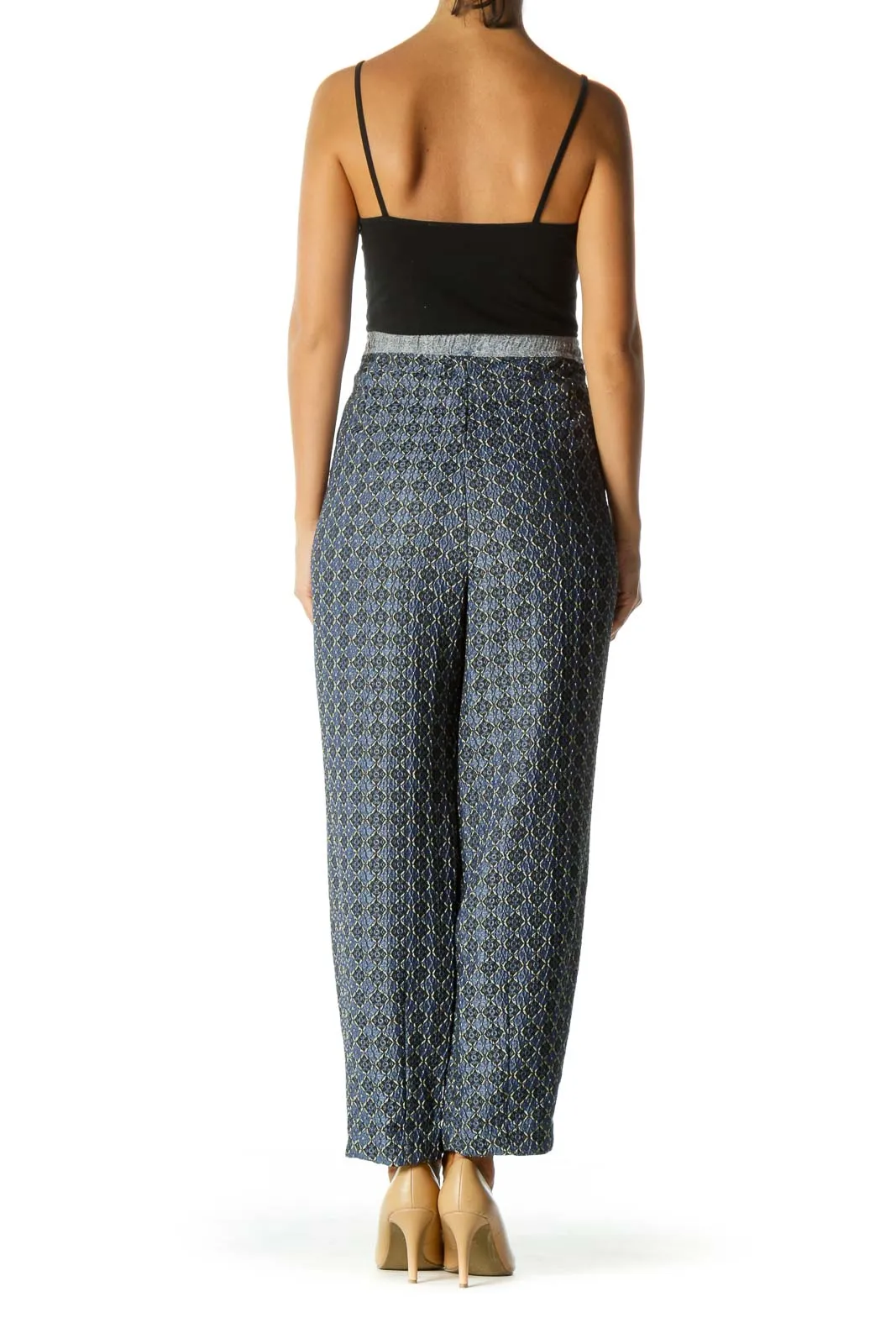 Blue Patterned Wide-Leg Drawstring Pants