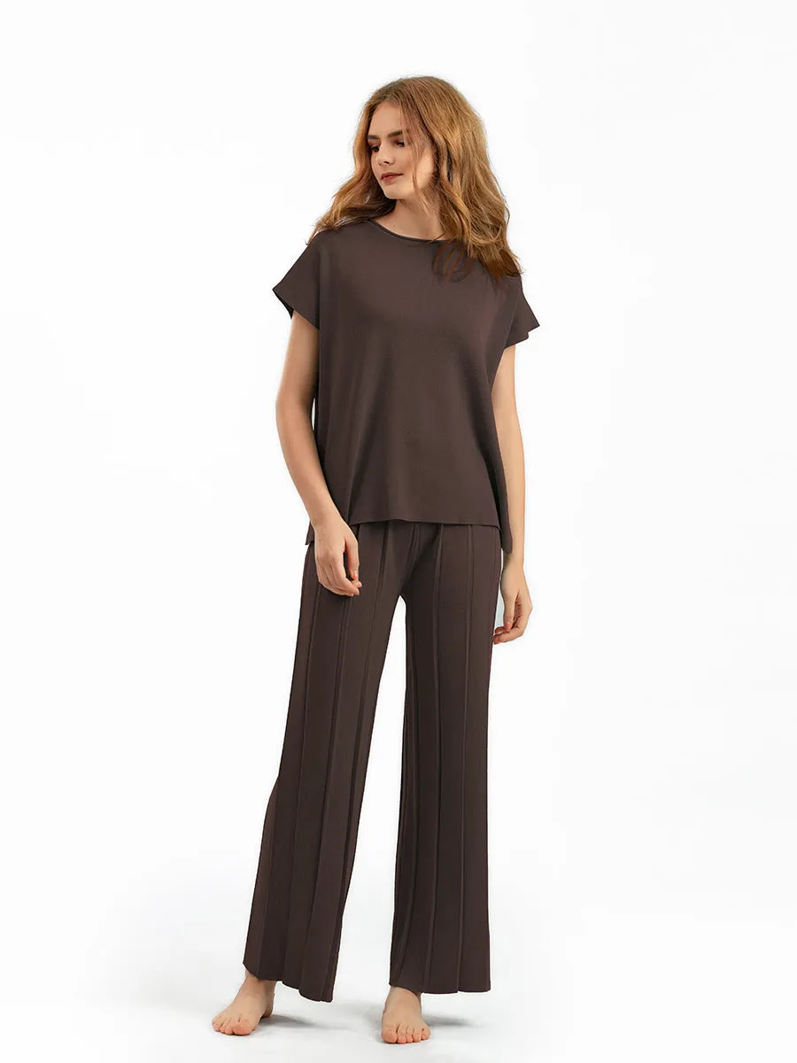 Brown Sleeveless Wide Leg Pants Pajama Set