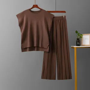 Brown Sleeveless Wide Leg Pants Pajama Set