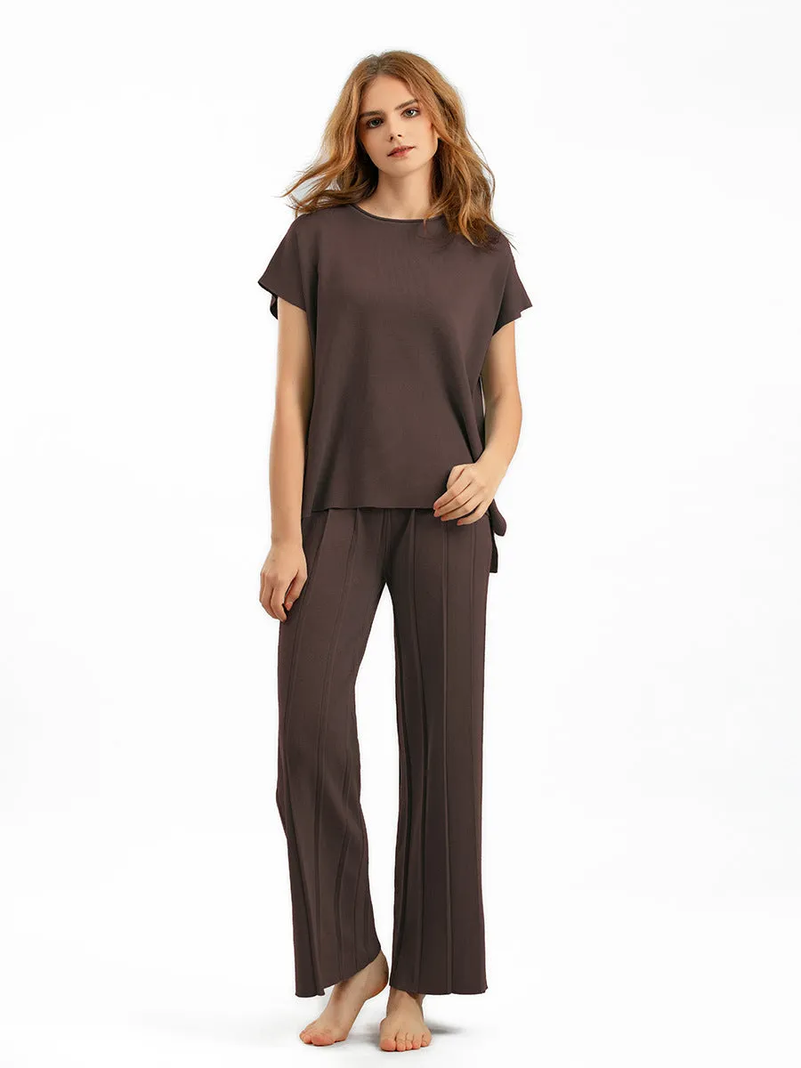 Brown Sleeveless Wide Leg Pants Pajama Set