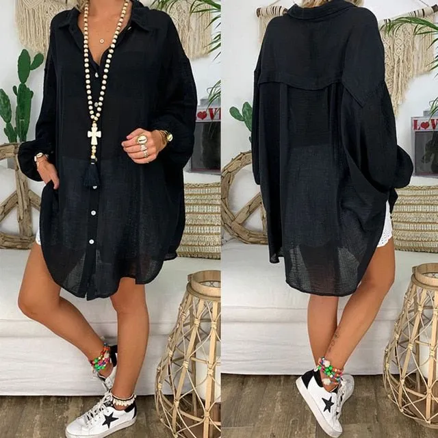 Cool Cotton Linen Long Sleeve Loose Button Turn Down Collar Beach Cruise Blouse