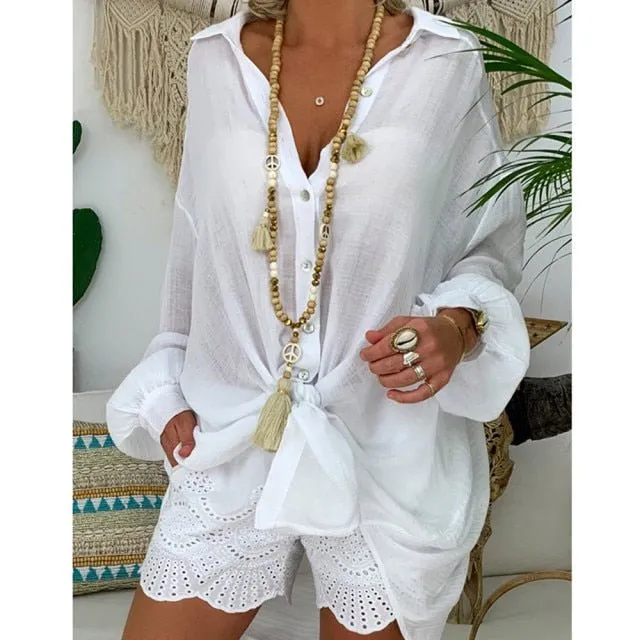 Cool Cotton Linen Long Sleeve Loose Button Turn Down Collar Beach Cruise Blouse