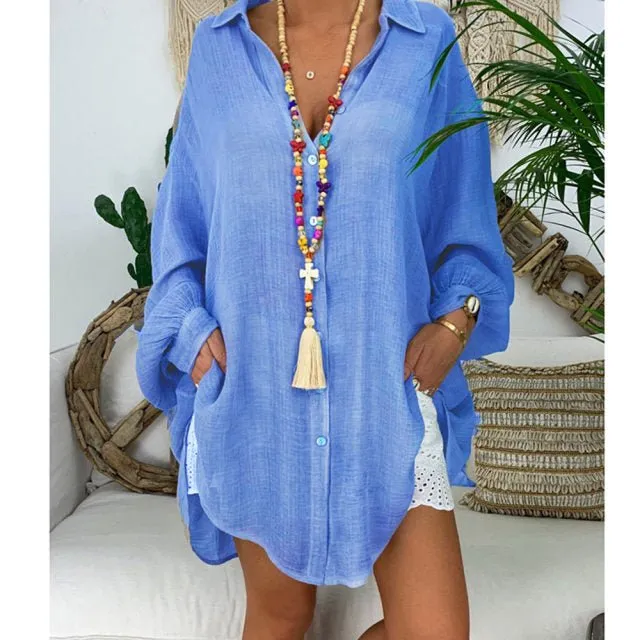 Cool Cotton Linen Long Sleeve Loose Button Turn Down Collar Beach Cruise Blouse