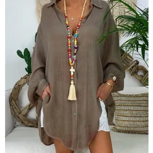 Cool Cotton Linen Long Sleeve Loose Button Turn Down Collar Beach Cruise Blouse