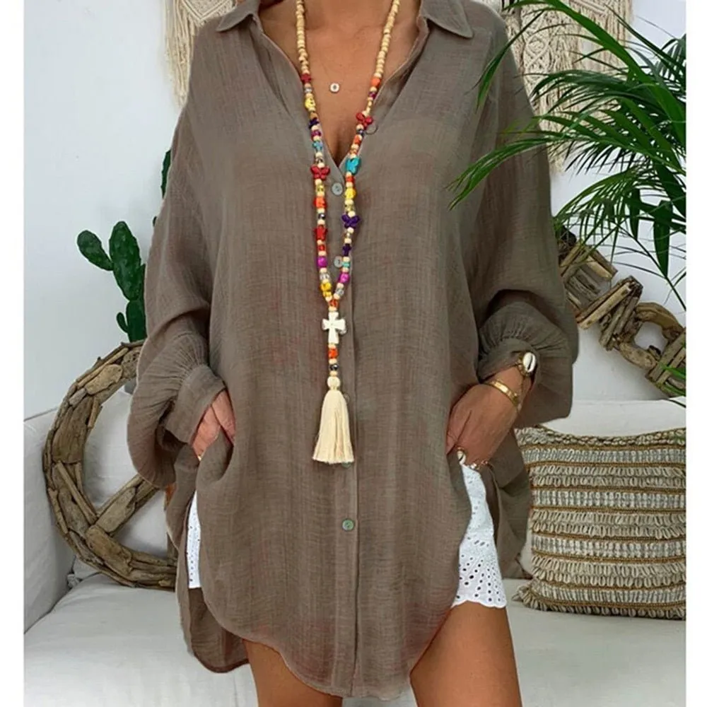 Cool Cotton Linen Long Sleeve Loose Button Turn Down Collar Beach Cruise Blouse