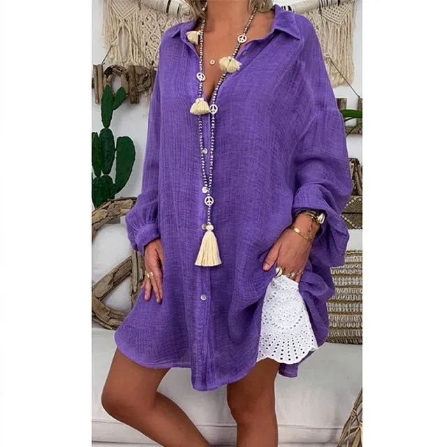 Cool Cotton Linen Long Sleeve Loose Button Turn Down Collar Beach Cruise Blouse