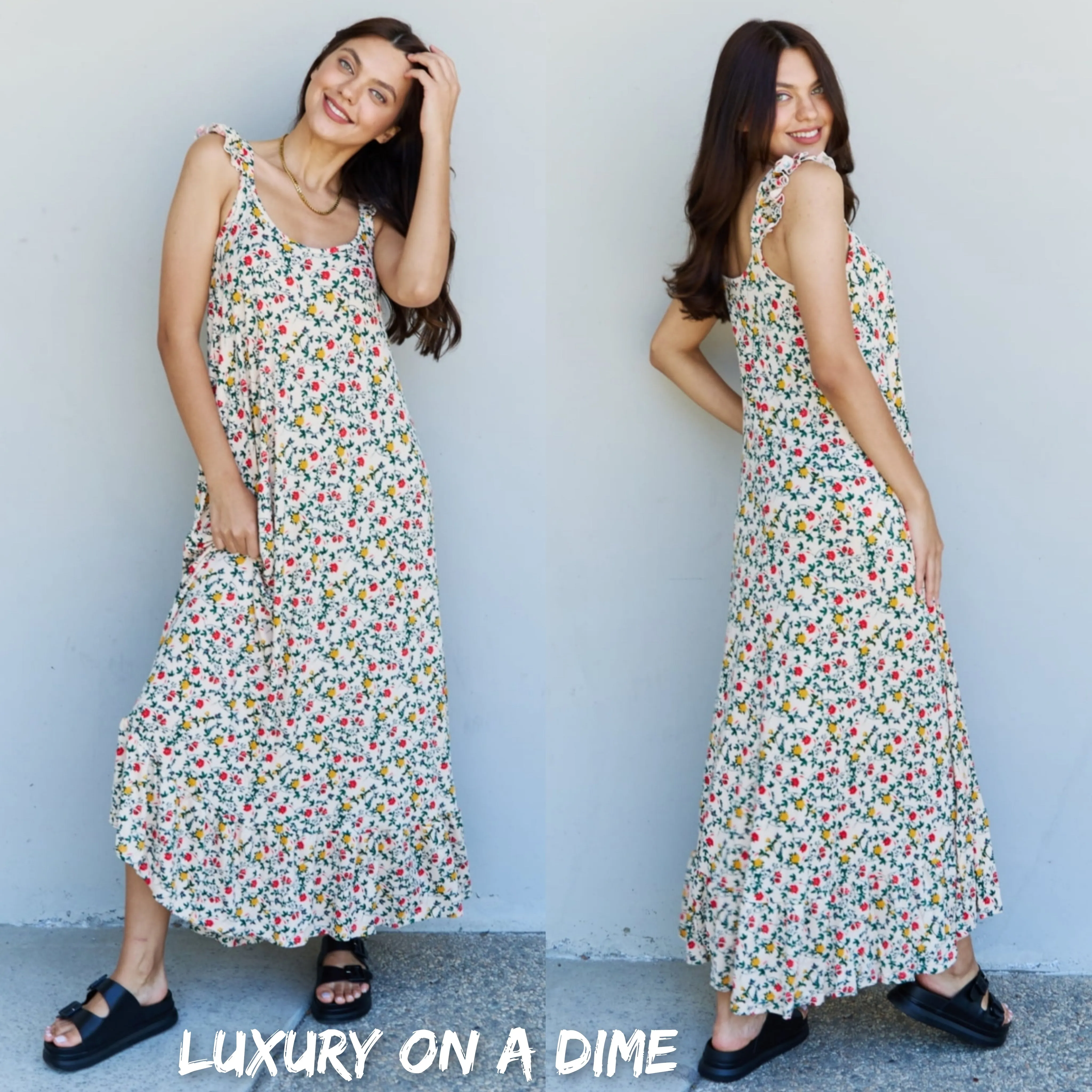 Cottage Ruffle Shoulder Sleeveless Retro Floral Maxi Dress
