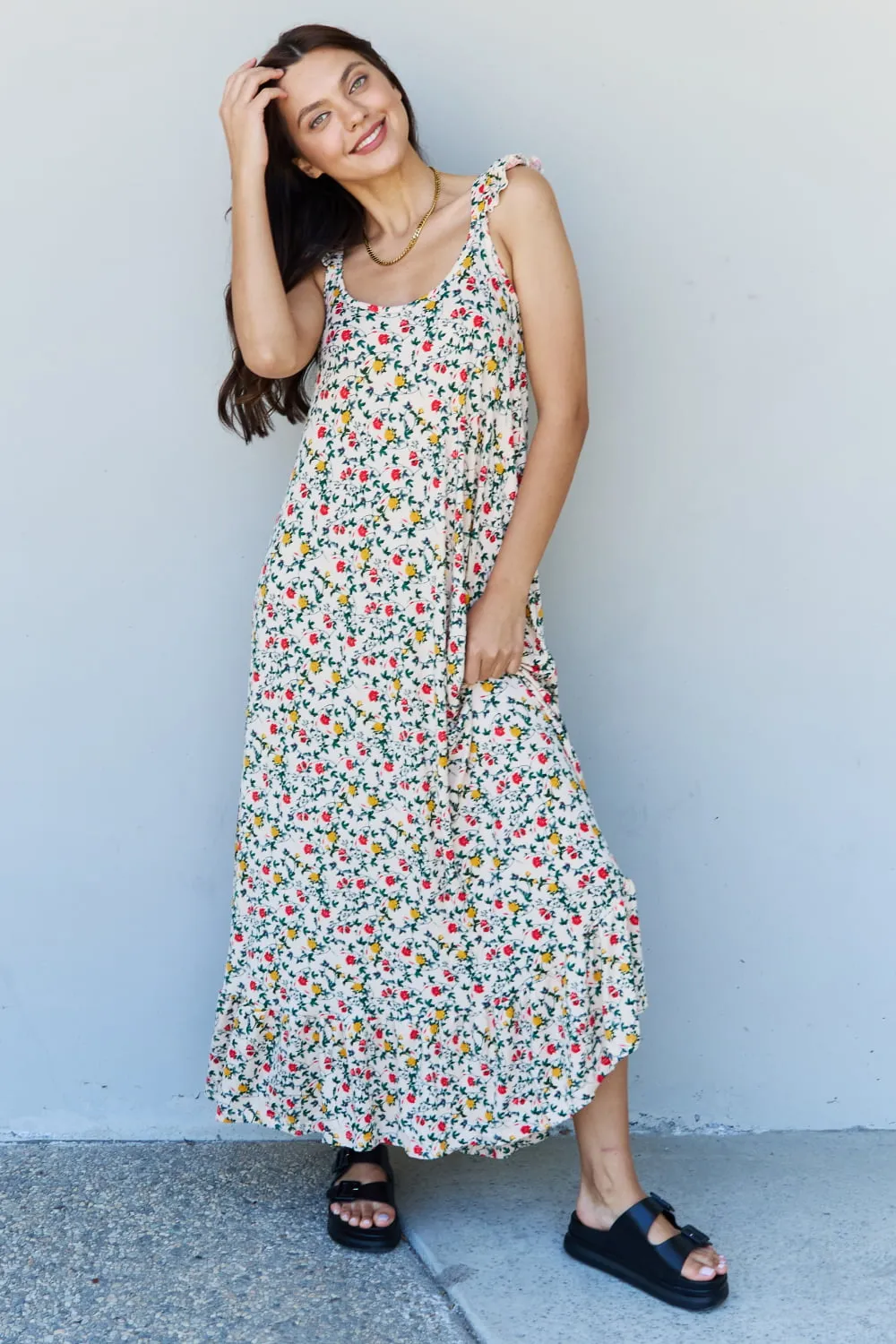 Cottage Ruffle Shoulder Sleeveless Retro Floral Maxi Dress