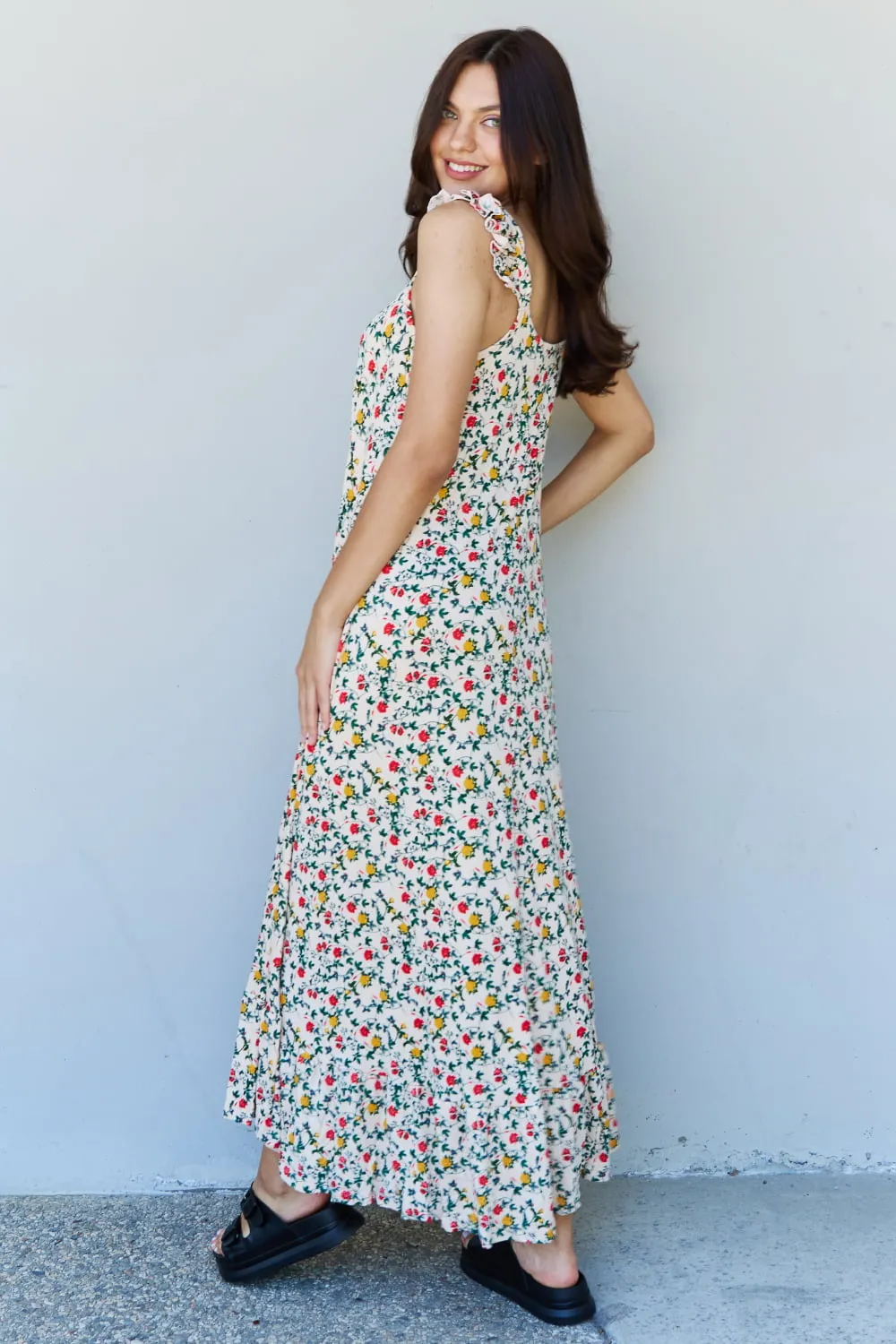 Cottage Ruffle Shoulder Sleeveless Retro Floral Maxi Dress