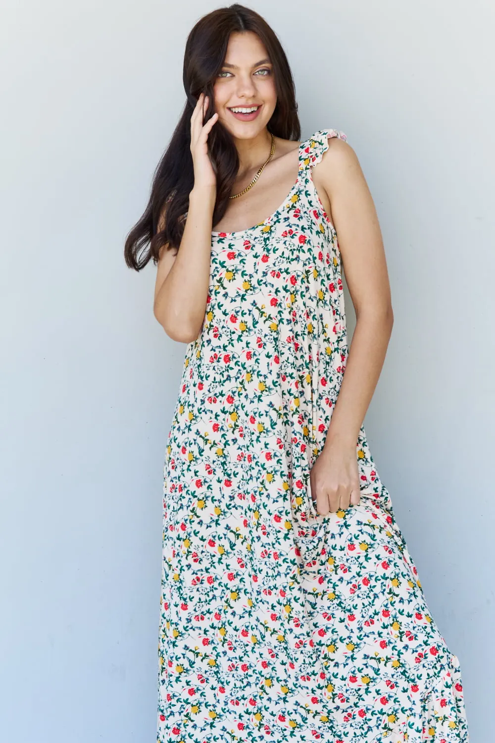 Cottage Ruffle Shoulder Sleeveless Retro Floral Maxi Dress