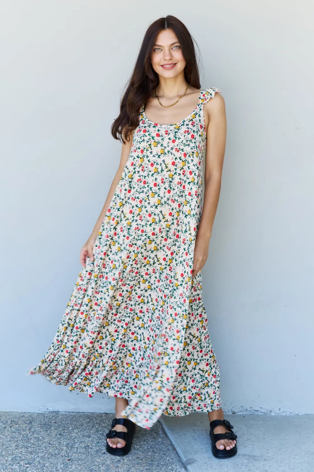 Cottage Ruffle Shoulder Sleeveless Retro Floral Maxi Dress
