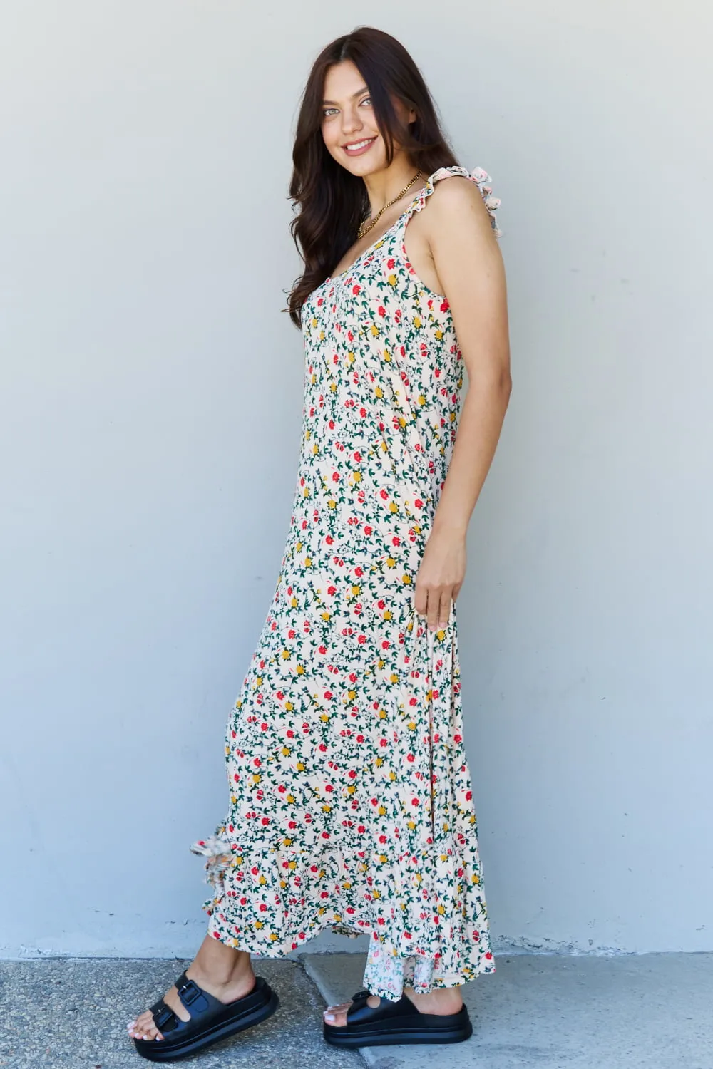 Cottage Ruffle Shoulder Sleeveless Retro Floral Maxi Dress