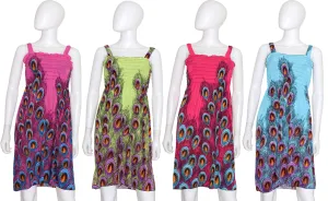 CU-BF14 - Wholesale Women's Peacock Feather Print Smocked Cover-Up Dress