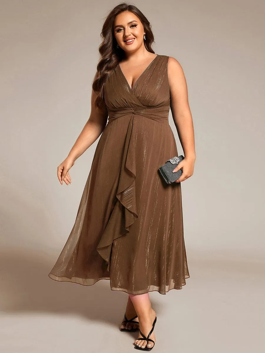 Custom Size Sleeveless Twist Knot A-Line Lotus Leaf Shimmering Wedding Guest Dress