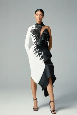 Double-Toned Midi Dress with Embroidery and Ruffles