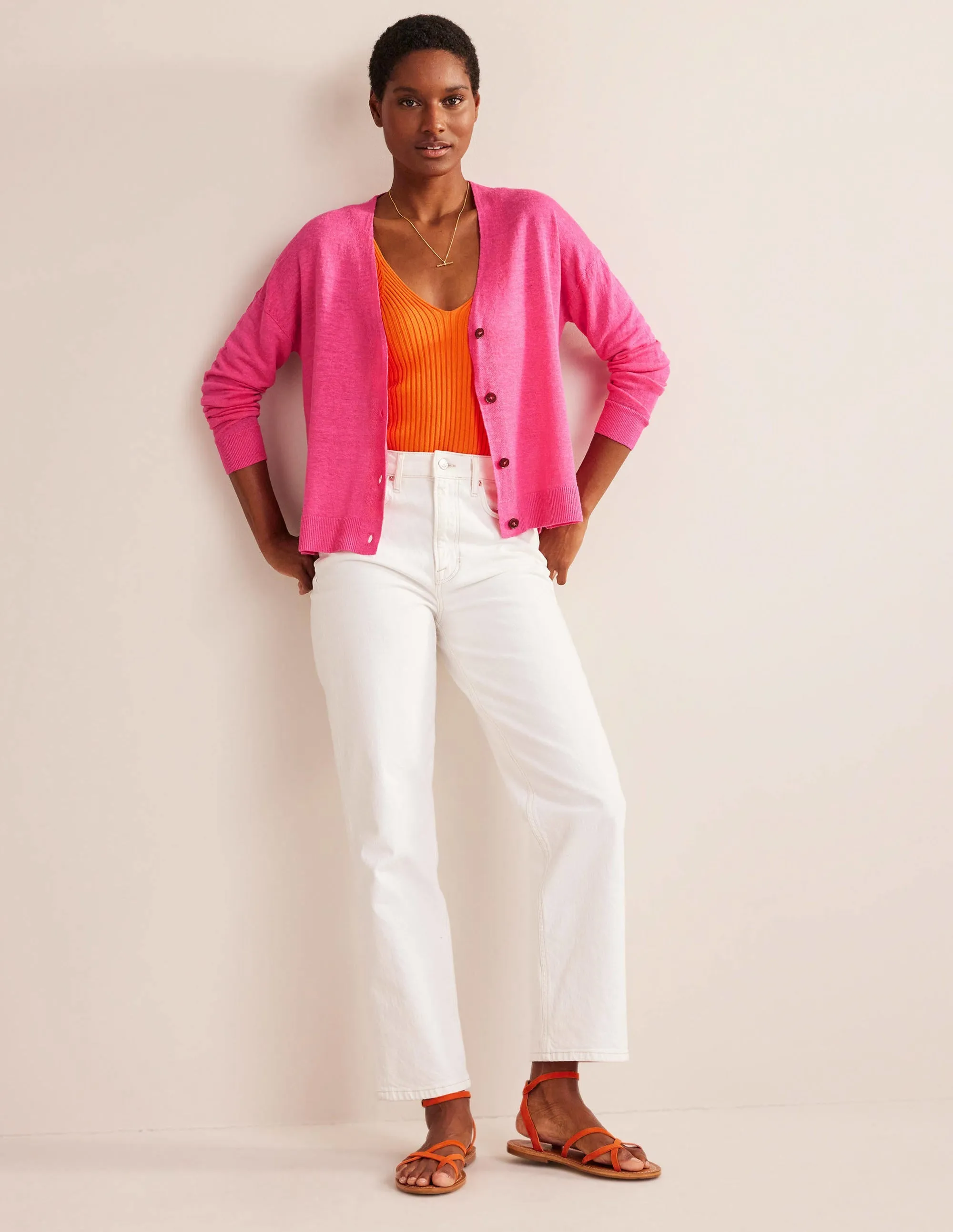 Drop-Shoulder Linen Cardigan-Festival Pink