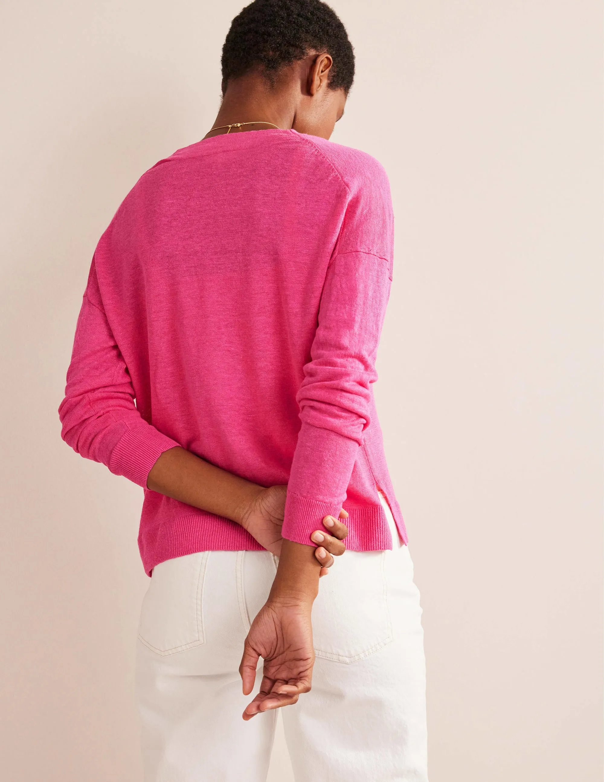 Drop-Shoulder Linen Cardigan-Festival Pink