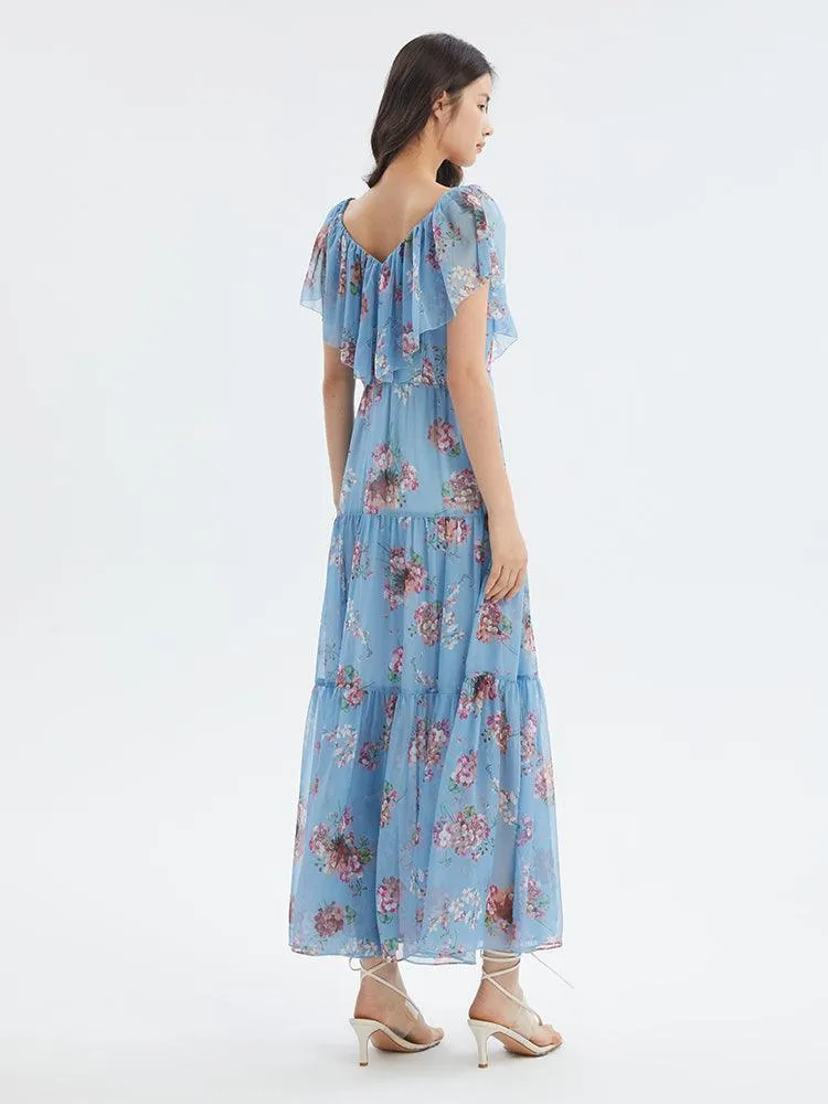 Floral Print Ruffled Collar Maxi Dress