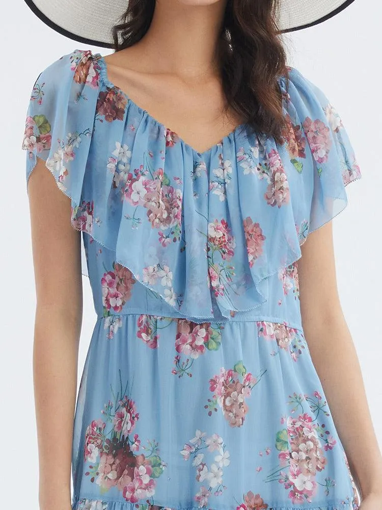 Floral Print Ruffled Collar Maxi Dress