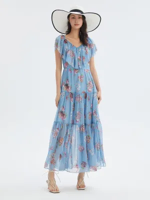 Floral Print Ruffled Collar Maxi Dress