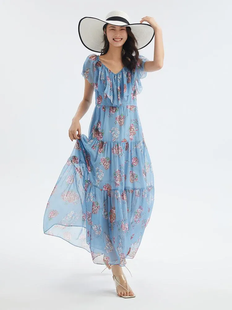 Floral Print Ruffled Collar Maxi Dress