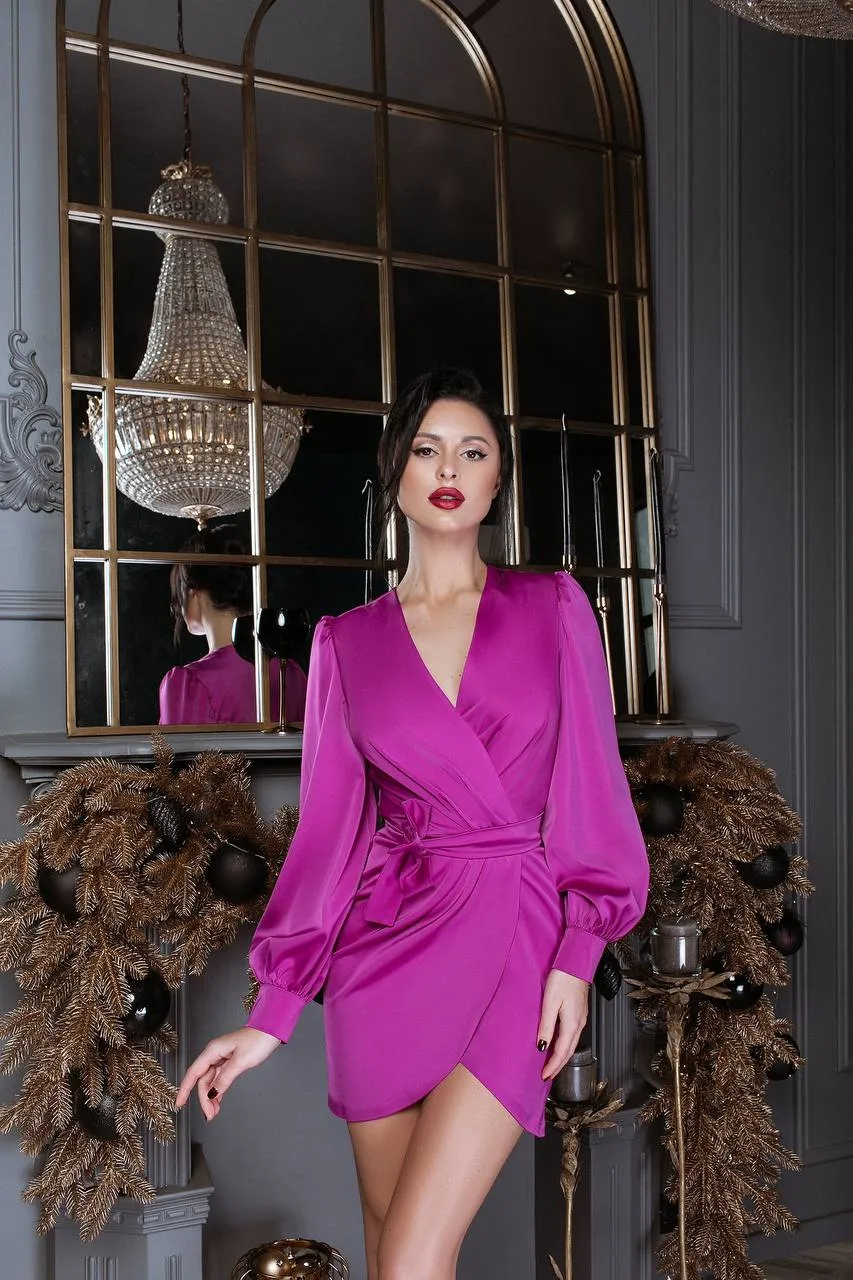 Fuchsia Wrap Long Sleeve Mini Dress