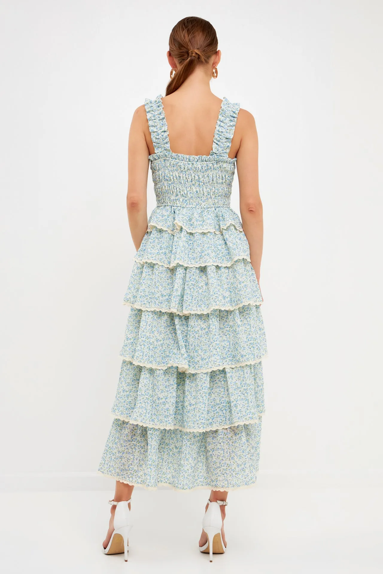 Gridded Texture Floral Smocked Tiered Maxi Dress