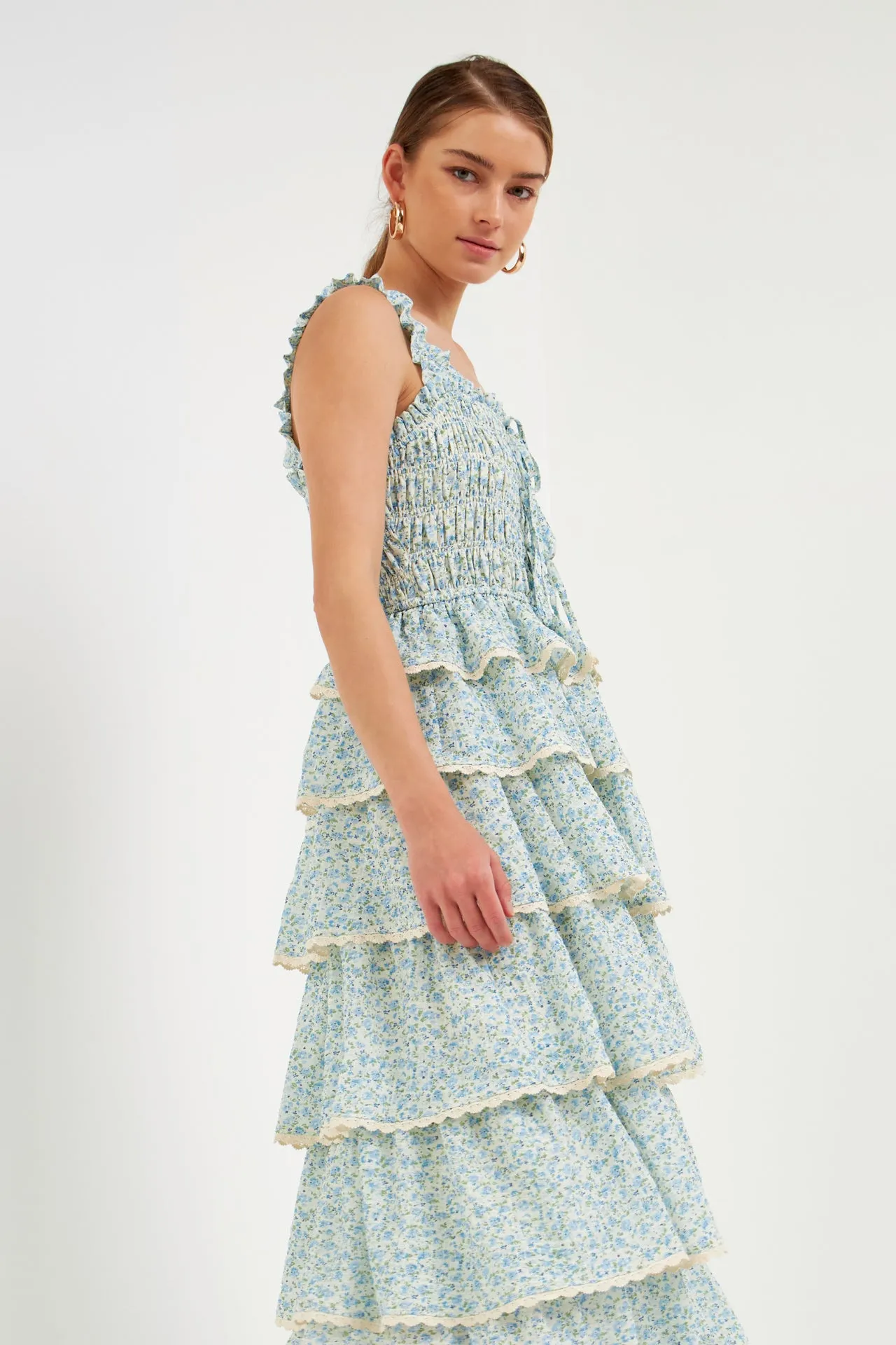 Gridded Texture Floral Smocked Tiered Maxi Dress