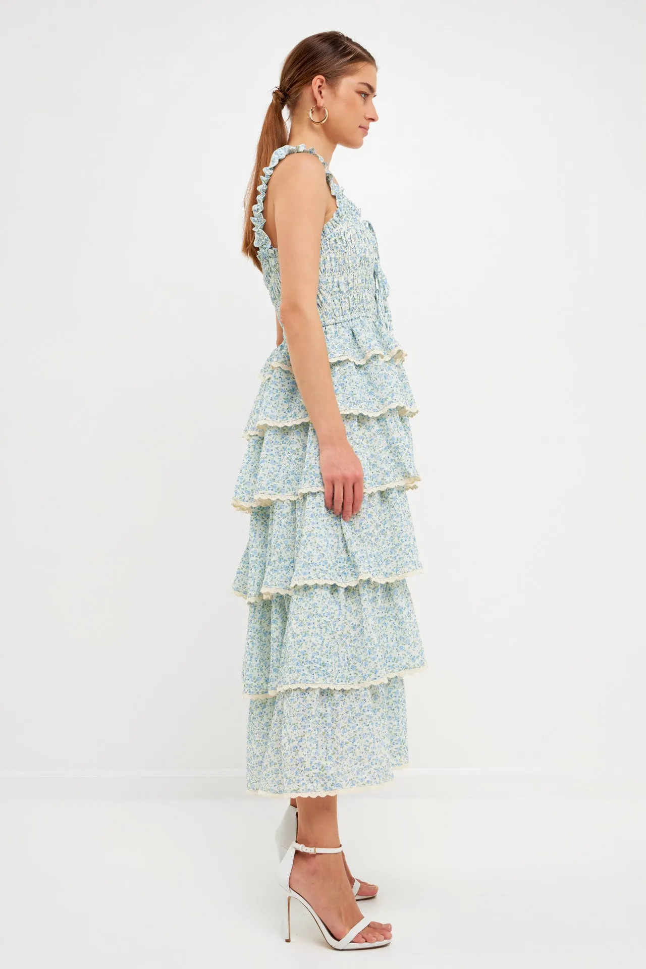Gridded Texture Floral Smocked Tiered Maxi Dress