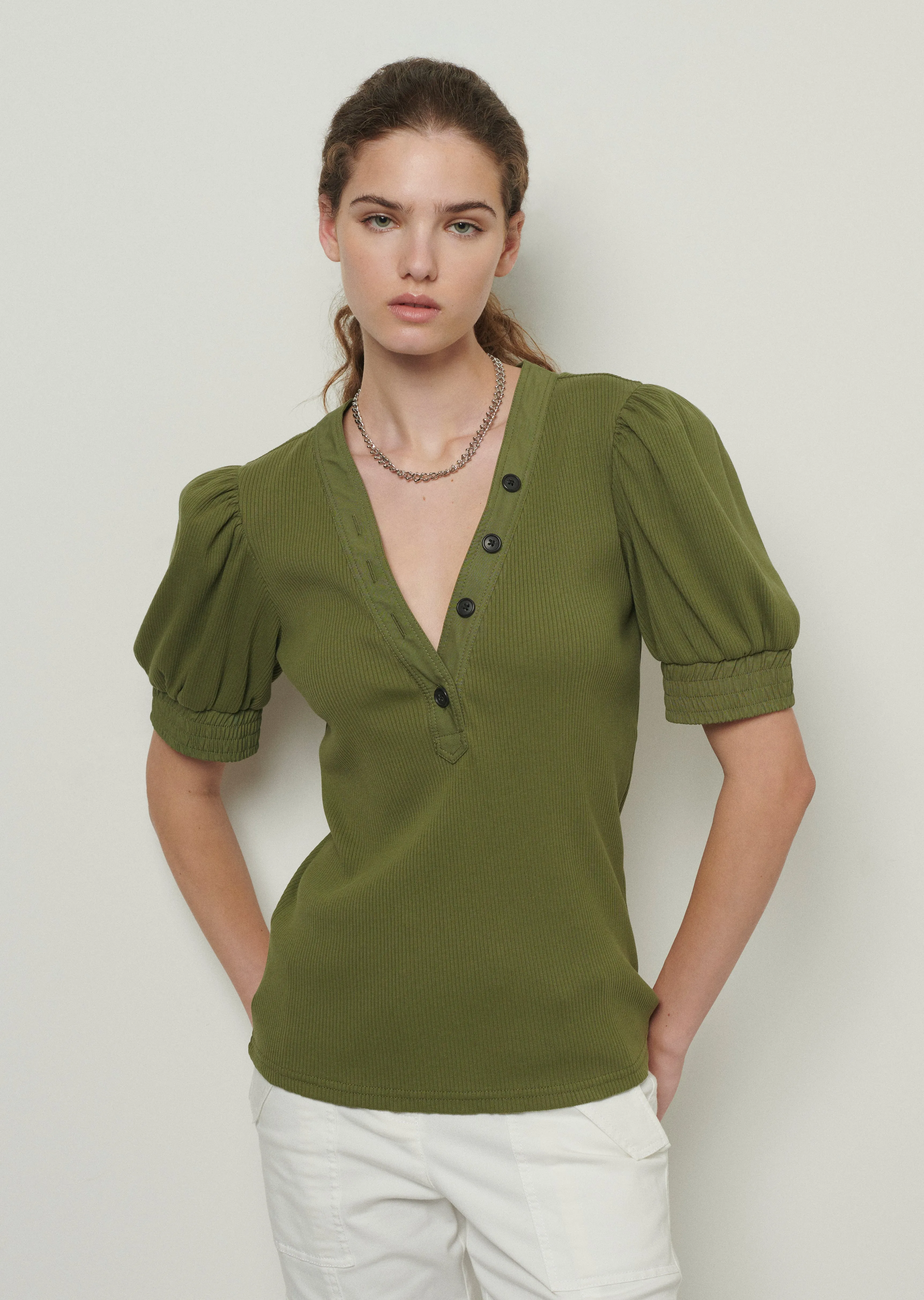 Heather V-Neck Puff Sleeve T-Shirt - Olive