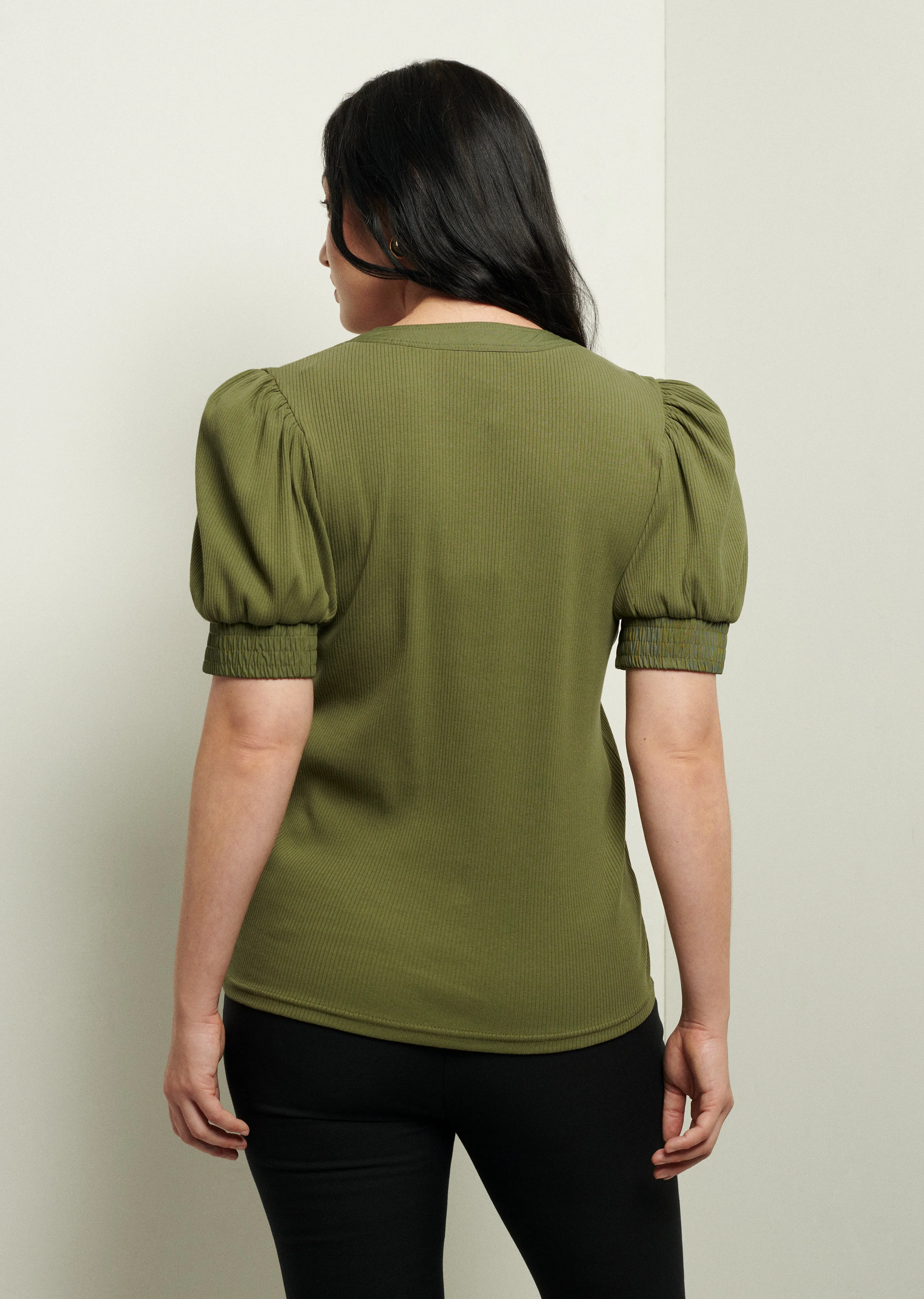 Heather V-Neck Puff Sleeve T-Shirt - Olive