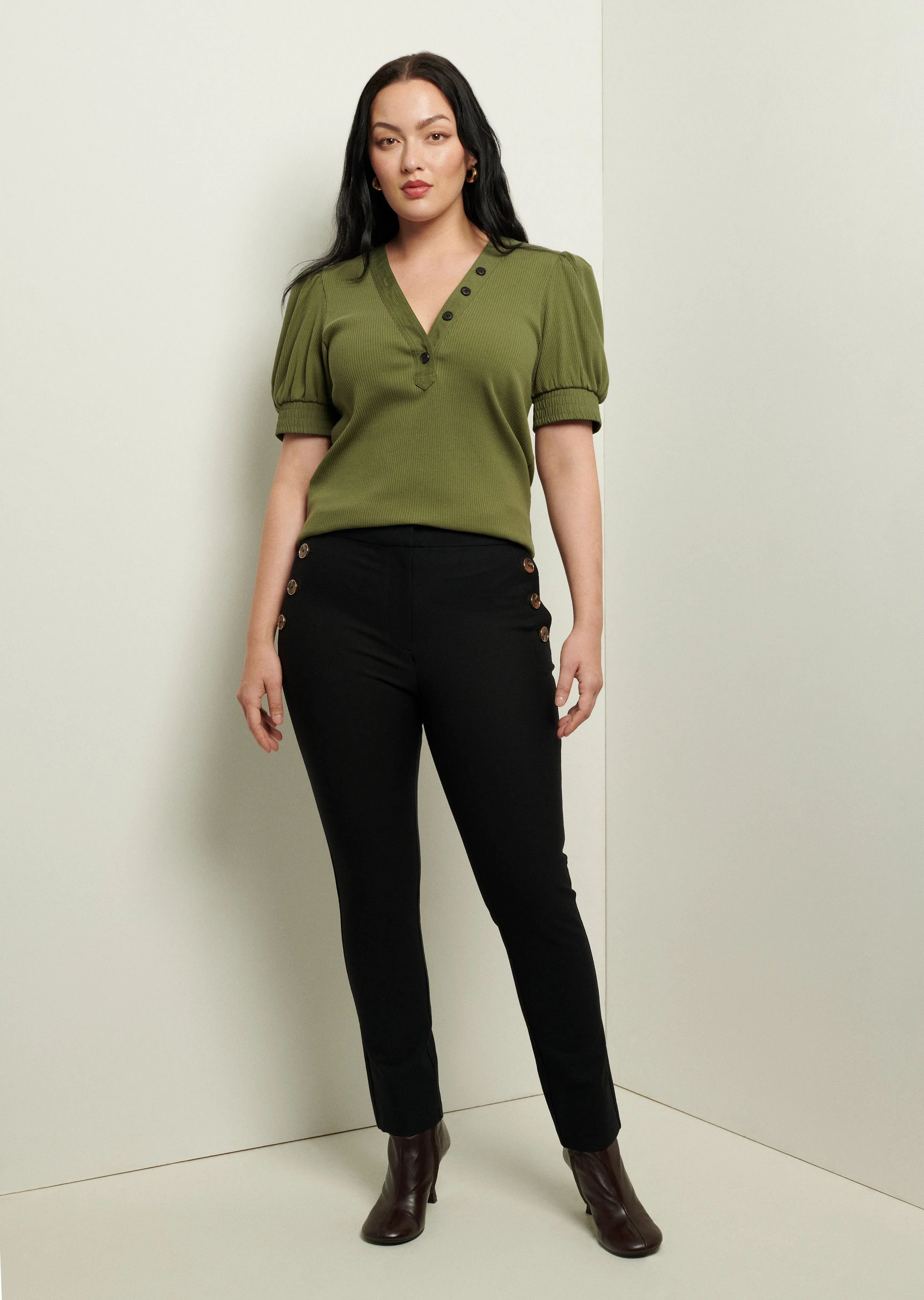 Heather V-Neck Puff Sleeve T-Shirt - Olive