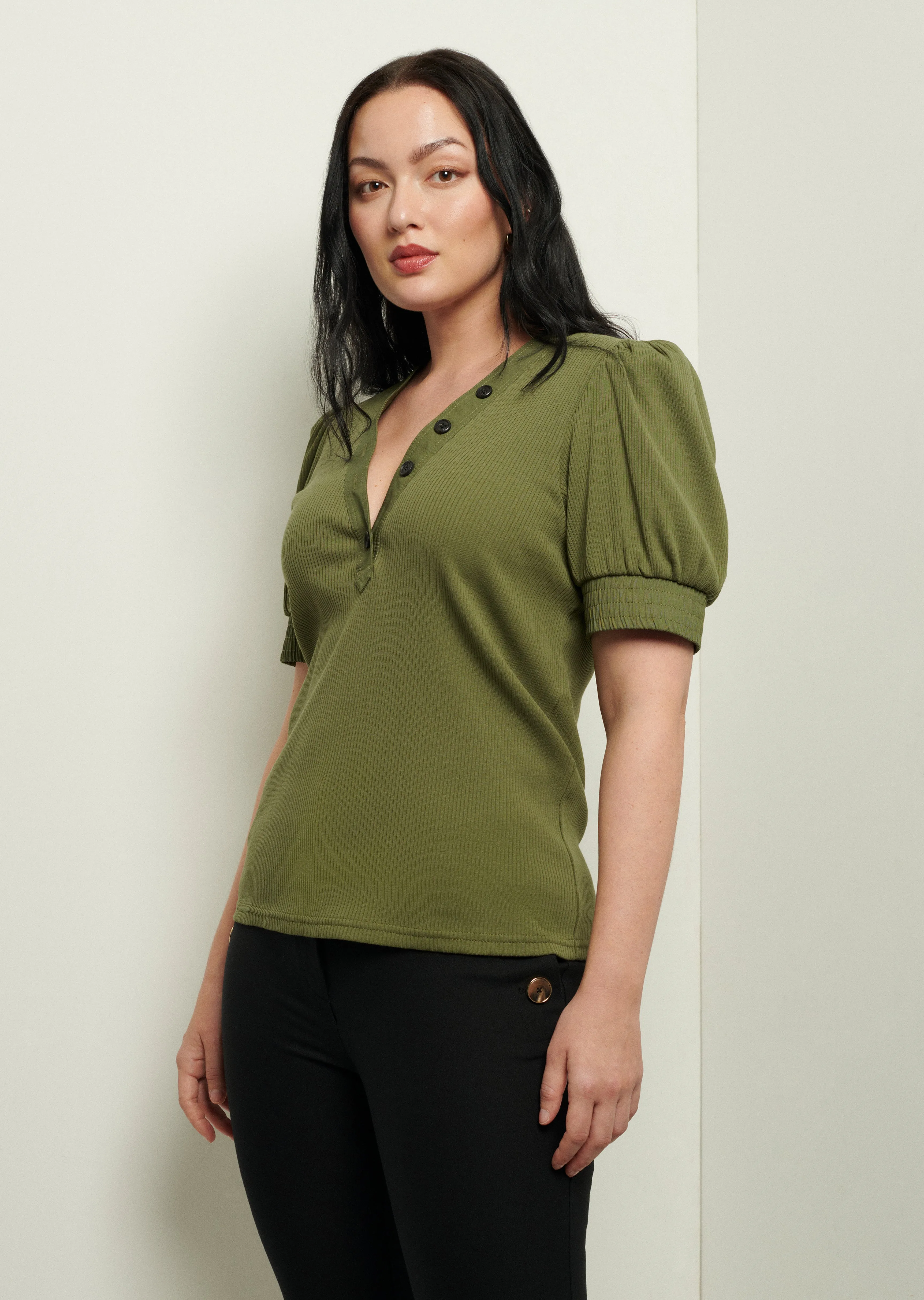 Heather V-Neck Puff Sleeve T-Shirt - Olive